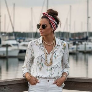 Zara Elegant White Silky Nautical Coastal Blouse – Oversized Size Small